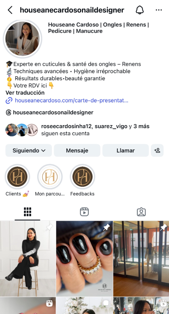 Capture d’écran du profil Instagram de Houseane Cardoso Nail Designer montrant manucure, pédicure, nail art et promotions exclusives.
