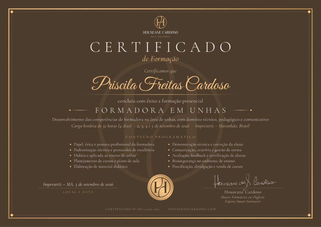 Certificat de formation Formatrice en onglerie délivré par Houseane Cardoso