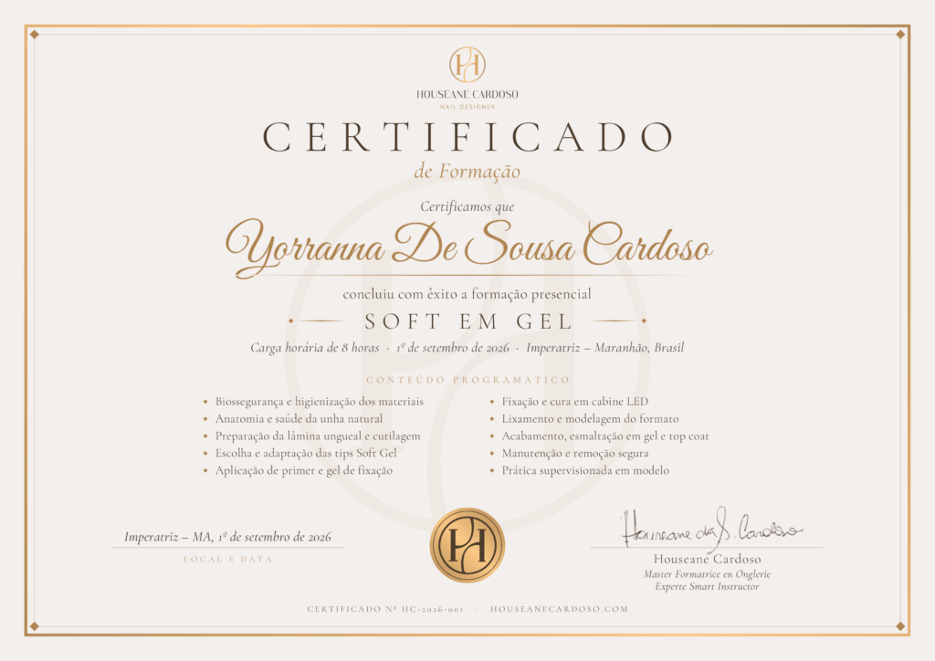 Certificat de formation Soft Gel délivré par Houseane Cardoso, formatrice en onglerie